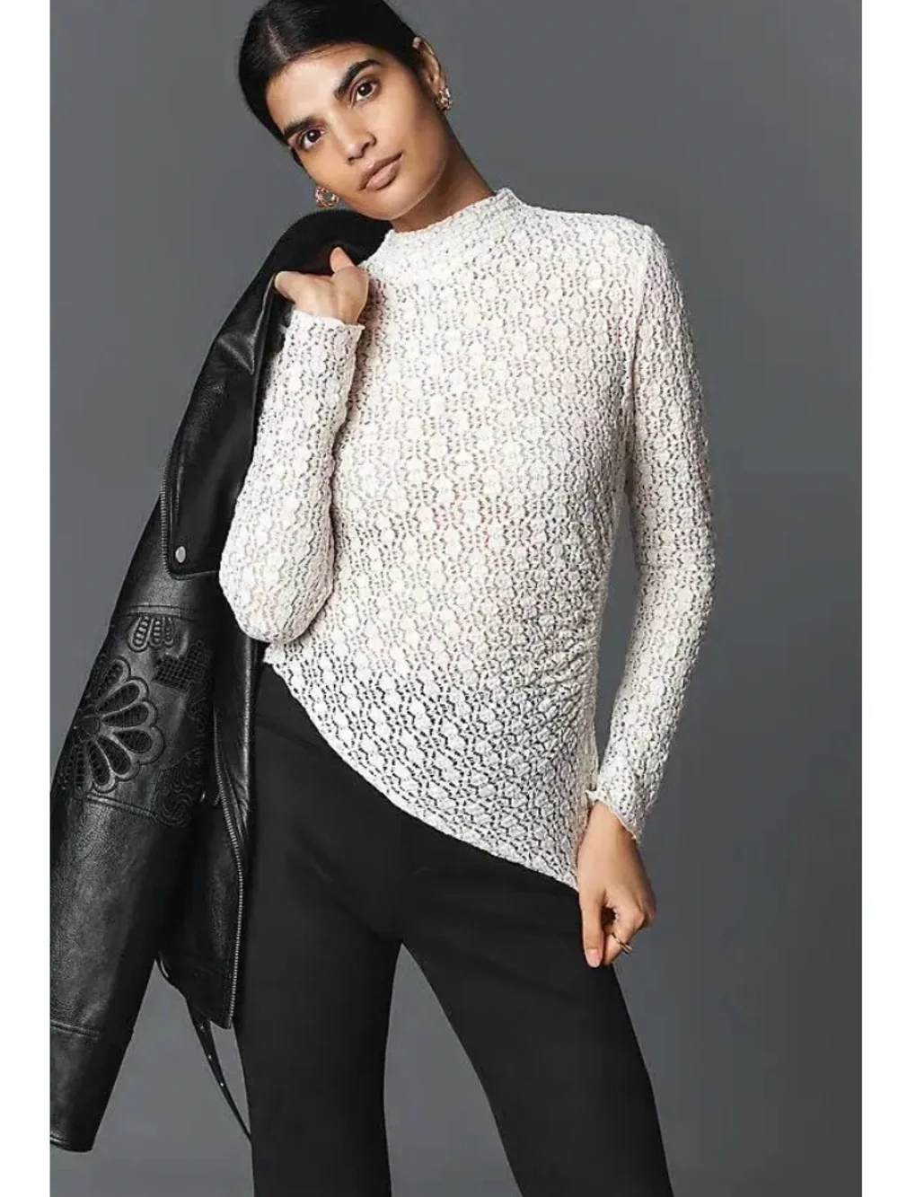 Anthropologie Coconut Milk Smocked Lace Long-Sleeve Top - White/Cream